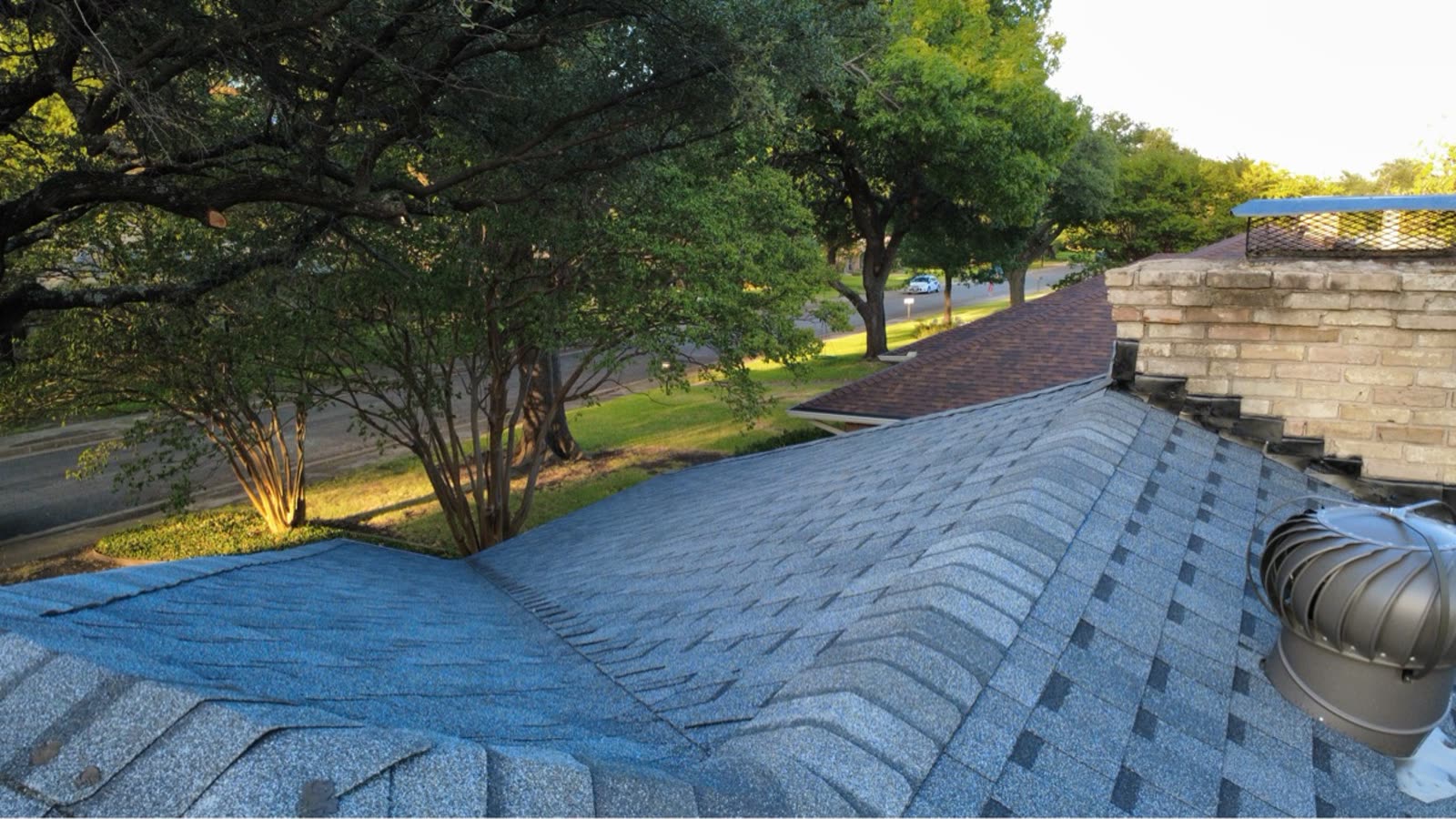 After: Before and after: hail-damaged shingles with chalk markings beside the finished replacement roof in Dallas
