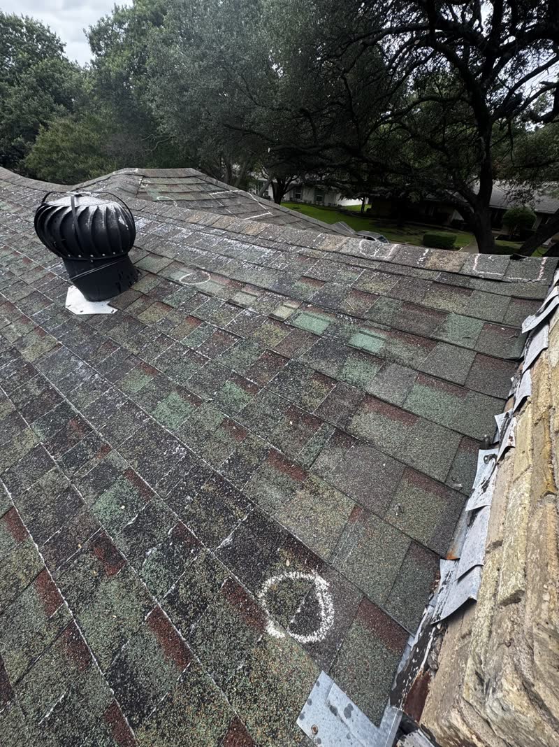 Before photo 2 — Dallas green-to-grey roof replacement